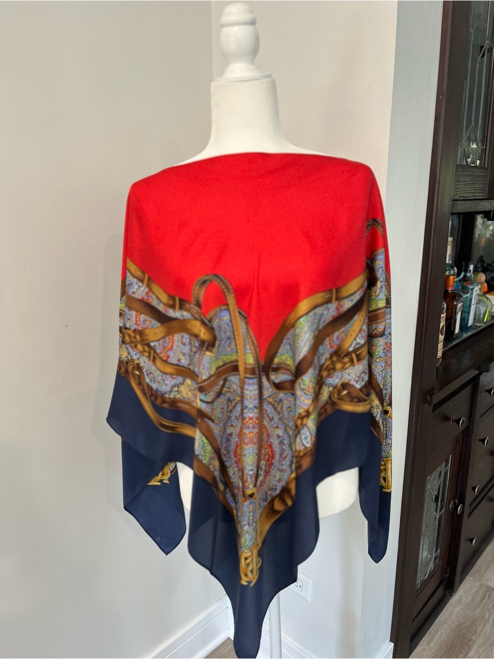 Red & Navy Printed Silk Scarf Poncho